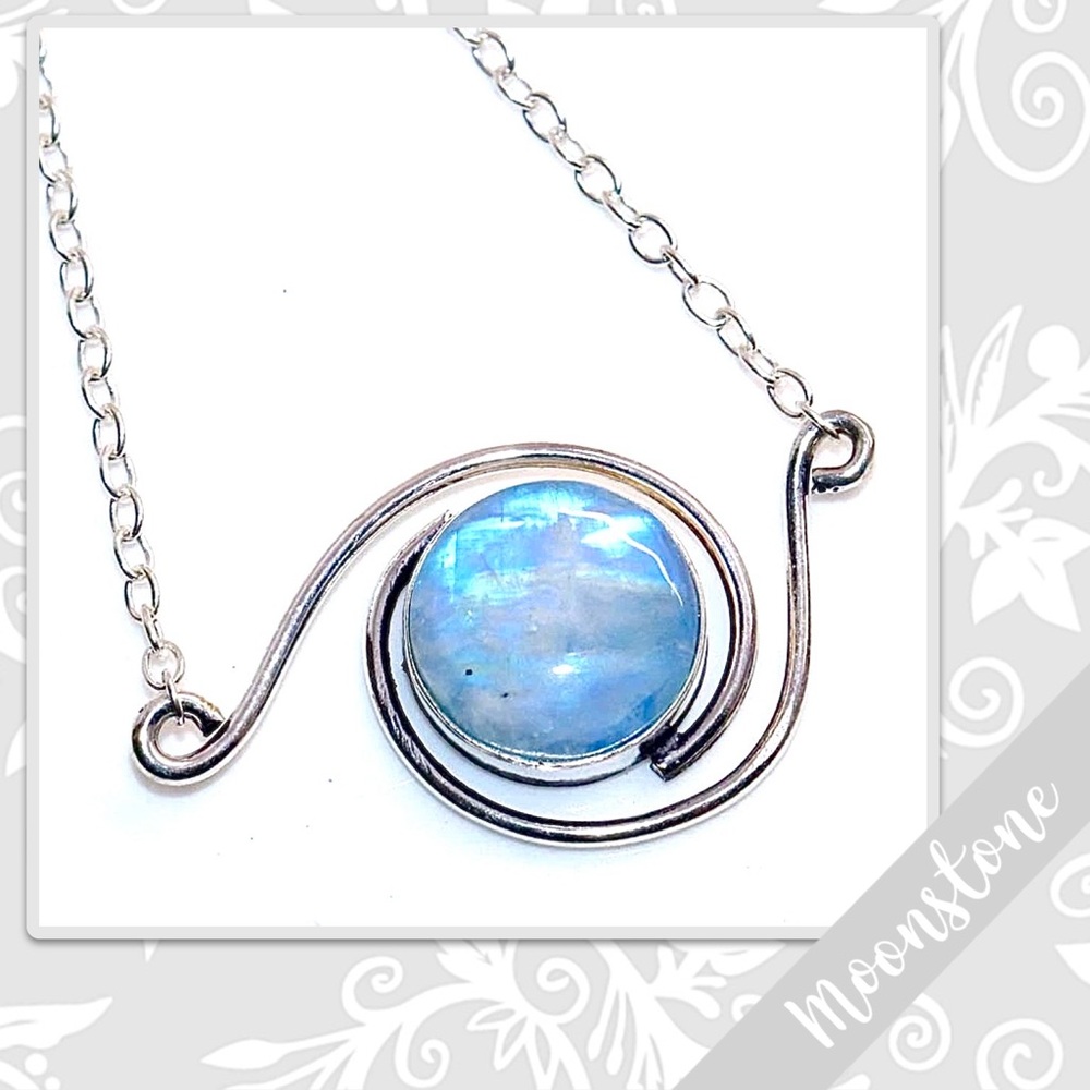 Rainbow Moonstone Silver Artisan Scroll Necklace 16” Pearl White, Turquoise Blue